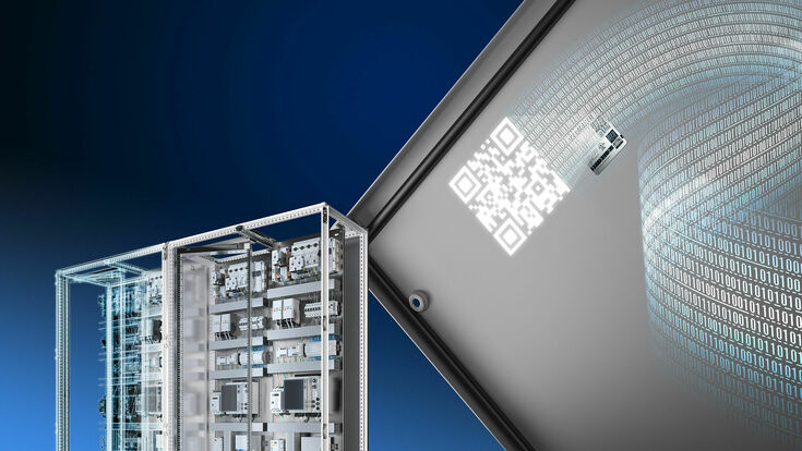 © Rittal GmbH Eine Visualisierung der Rittal ePocket, der cloud-basierten, digitalen Schaltplantasche hinter einem Schaltschrank.
