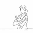 Continuous one line drawing of young female mechanic pose cross arms while holding set of wrench. Professional job profession minimalist concept. Single line draw design vector graphic illustration
