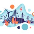 Renewable energy smart power grid system concept. Modern grain style vector illustration solar panels, wind turbines, battery storage, high voltage electricity power transmission grid and clean city.
