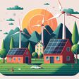 solar panels and wind turbines that use green energy. artwork in a flat design. Generative AI