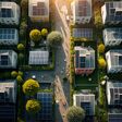 drone view of residential houses with photovoltaic solar panels. Alternative and Renewable energy concept. generative ai