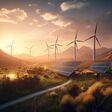 An illustration of fields with solar panels and wind turbines at sunset, showcasing the beauty of renewable energy and its potential to transform the way we generate power. Ai generated