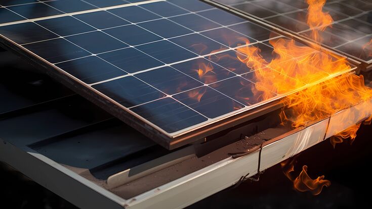 © MAXSHOT_PL - stock.adobe.com Solar panel fire, critical situation, photovoltaic installation close-up. Generative Ai