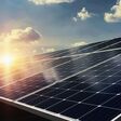 solar panel with sunlight and blue sky background. concept clean energy power in nature