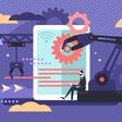 Automation vector illustration. Flat tiny machine line work person concept. Robot machinery equipment to control modern and futuristic arm process. Manufacture revolution strategy to minimize employee