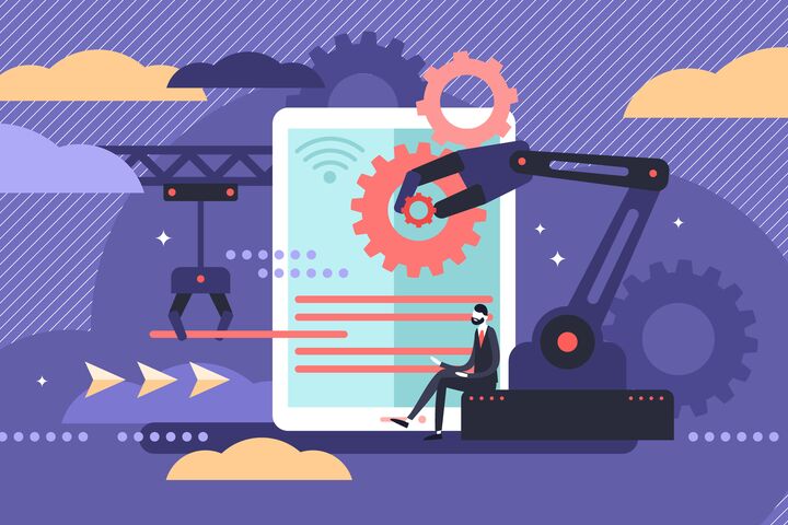 Automation vector illustration. Flat tiny machine line work person concept. Robot machinery equipment to control modern and futuristic arm process. Manufacture revolution strategy to minimize employee