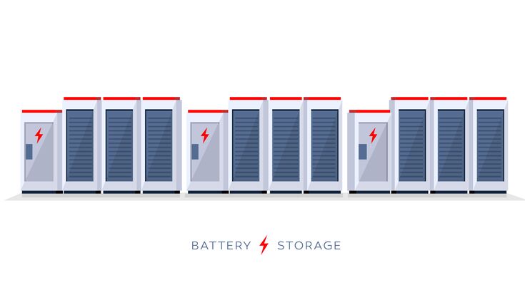 Vector illustration of large rechargeable lithium-ion battery energy storage stationary for renewable electric power station generation. Backup power energy storage cloud system on white background.