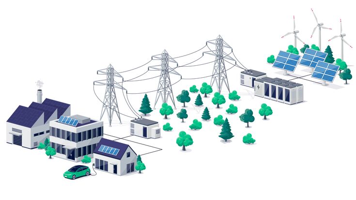 Renewable energy power distribution with house office factory buildings, solar panel plant station, wind and high voltage electricity grid pylons, electric transformer. Smart virtual battery storage.