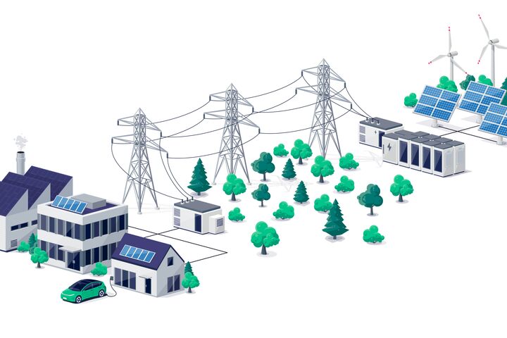 Renewable energy power distribution with house office factory buildings, solar panel plant station, wind and high voltage electricity grid pylons, electric transformer. Smart virtual battery storage.
