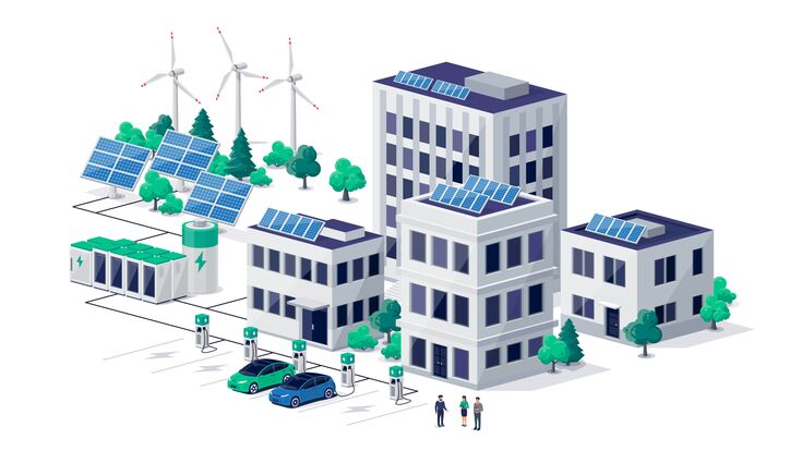 Smart sustainable eco city with residential downtown buildings and renewable solar wind power station with battery energy storage. Electric cars charging near house, work offices and business center.