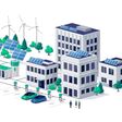 Smart sustainable eco city with residential downtown buildings and renewable solar wind power station with battery energy storage. Electric cars charging near house, work offices and business center.