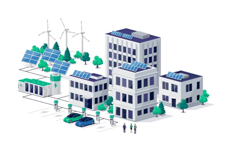 Smart sustainable eco city with residential downtown buildings and renewable solar wind power station with battery energy storage. Electric cars charging near house, work offices and business center.