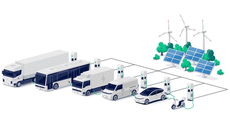 Company electric cars fleet charging on parking lot with charger station and many charger stalls. Bus, semi truck, van, motorcycle, business vehicles on renewable solar wind energy in network grid.