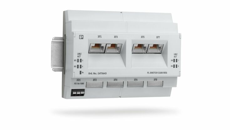© Phoenix Contact Schnell direkt in der Hausunterverteilung installiert, sorgen die Unmanaged-Switches FL SWITCH 1108 REG (Foto) und FL Switch 1104-4POE von Phoenix Contact für zuverlässigen Datenaustausch und optional für Stromversorgung.