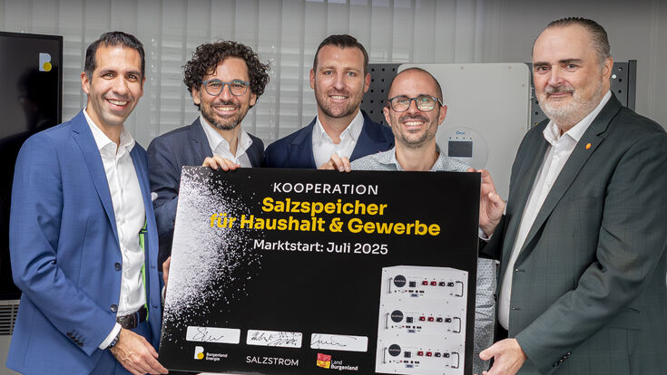Vorstandsvorsitzender Burgenland Energie Stephan Sharma, Geschäftsführer Salzstrom Jürgen Ellensohn, CFO Salzstrom Stefan Nolte, CEO Salzstrom Peter Arnold und Landeshauptmann Hans Peter Doskozil (v.l.n.r.)
