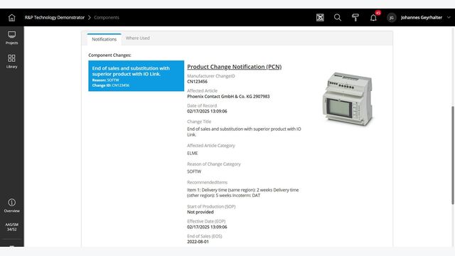 Ändert ein Hersteller eine Komponente, werden Anwender*innen automatisch und projektbezogen informiert. Durch standardisierte Product Change Notifications kann die Verarbeitung der Änderungen weiter automatisiert werden.