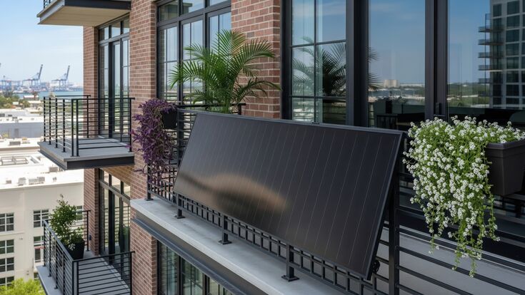 Balcony black satin solar panel on brick apartment with distant waterfront cranes, Tampa, Florida, USA