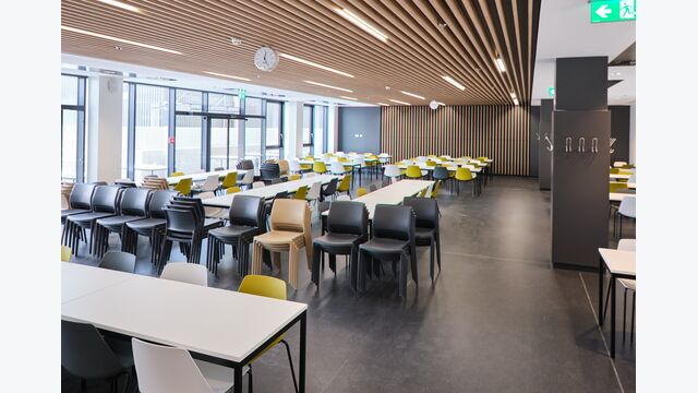 Das Mitarbeiterrestaurant kombiniert Tageslicht mit modernen Slotlight infinity Leuchten, um eine angenehme, entspannte Atmosphäre zu schaffen.